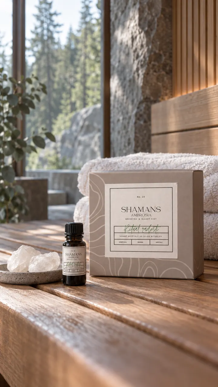 Vonný set AMBROSIA s kryštálmi na drevenej wellness lavici pri okne s výhľadom do lesa